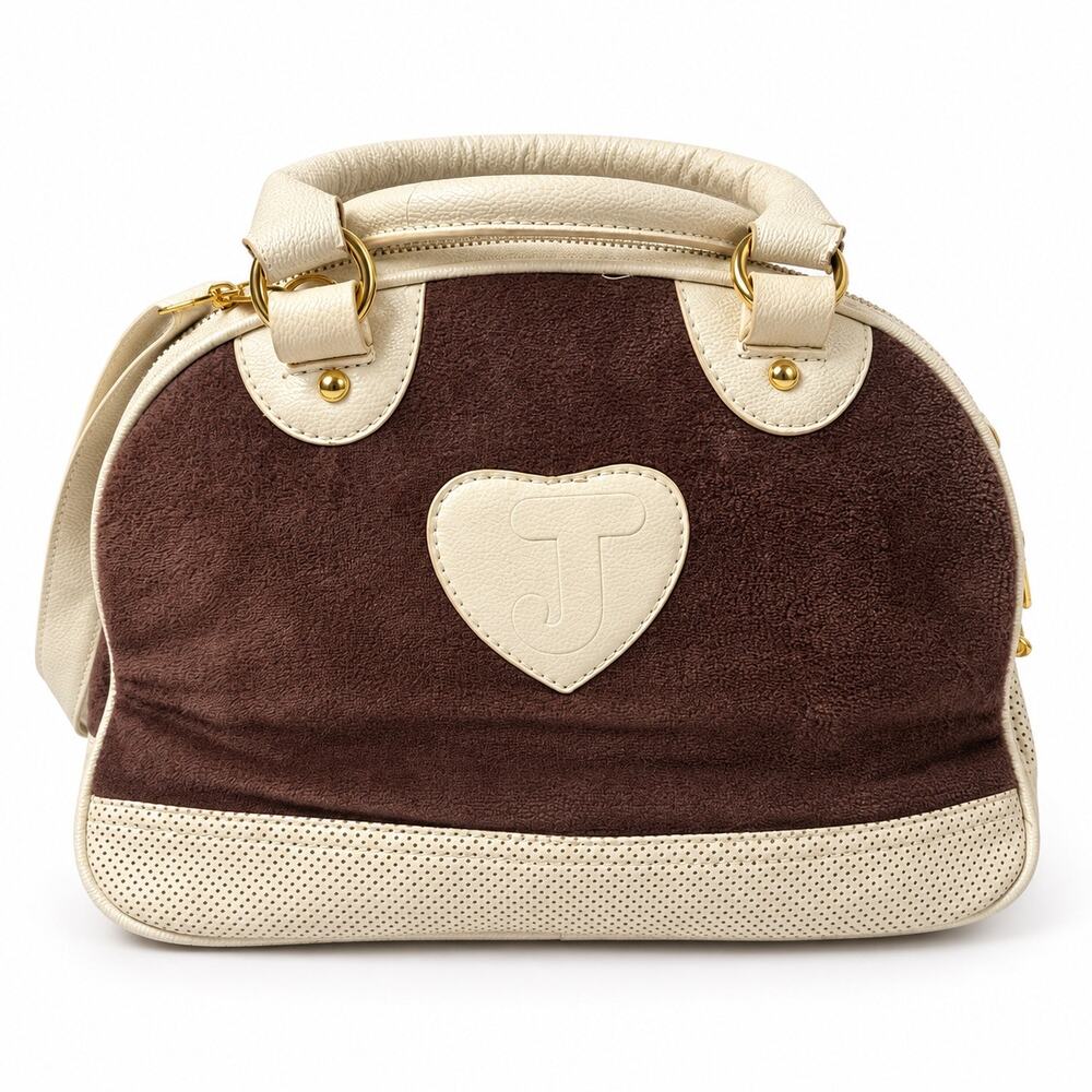 Juicy Couture Y2K Velour Bowler Satchel Bag Brown Cream Gold Womens Shoulder - Picture 4 of 16